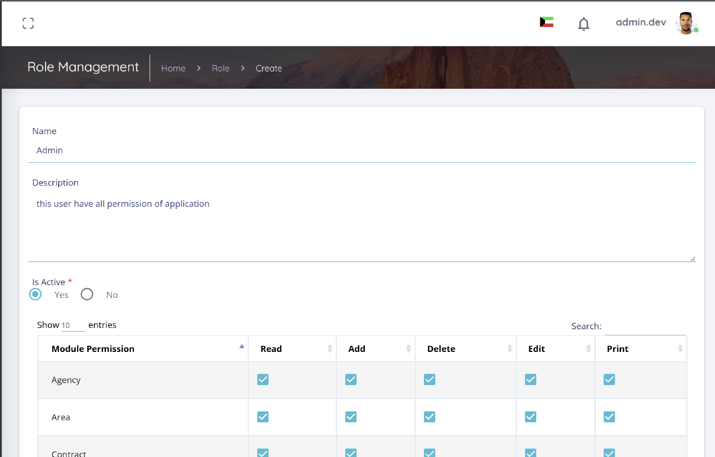Role management screen with a permission matrix granting read, add, delete, edit, and print rights per module